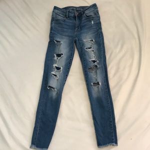 American Eagle blue ripped jeans(mostly patched)